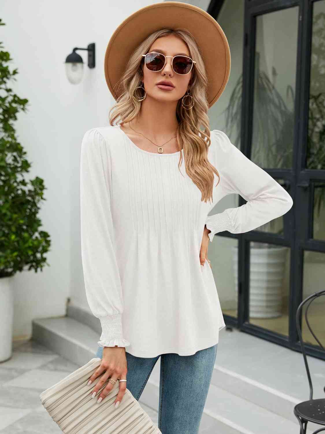 Aurora Lea Smocked Round Neck Lantern Sleeve Blouse