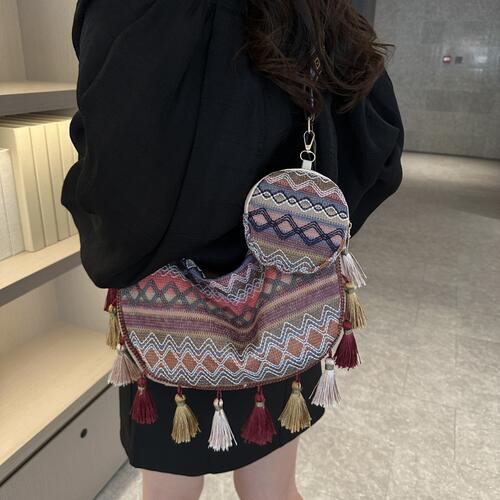 Luxury Pleasures Printed Tassel Detail Crossbody Bag with Small Purse