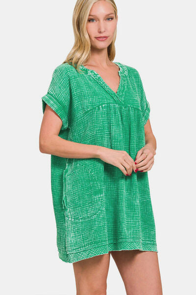 Zenana Washed Notched Short Sleeve Mini Dress *