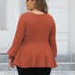 Plus Size Ribbed V-Neck Long Sleeve Blouse