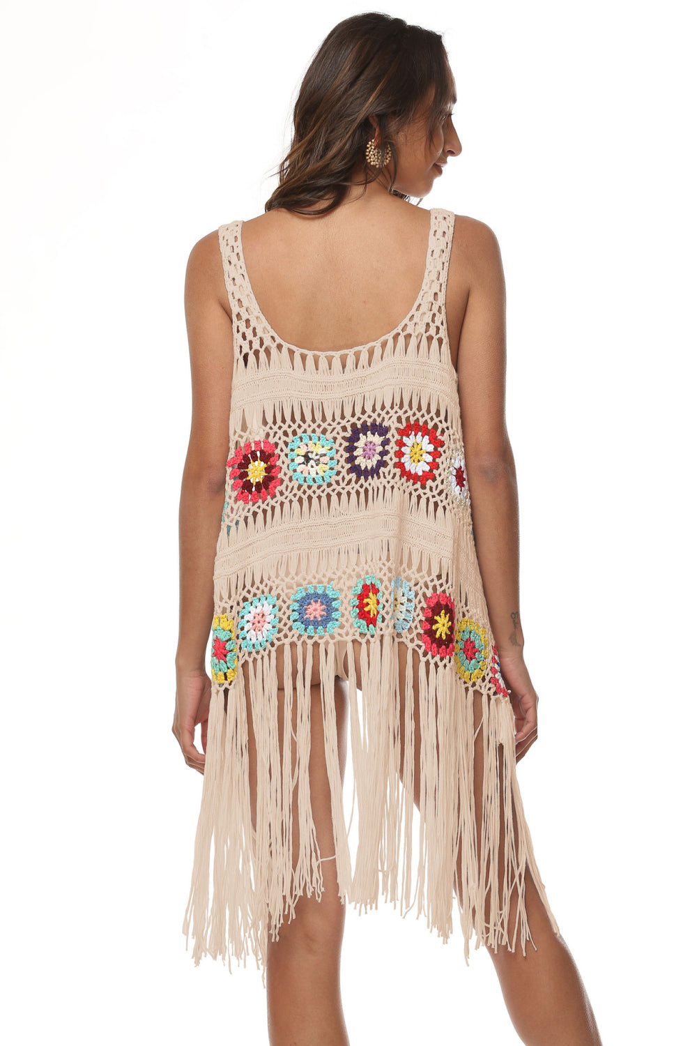 One Size Openwork Fringe Detail Embroidery Sleeveless Cover-Up