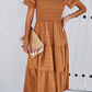 Smocked Round Neck Short Sleeve Midi Dress