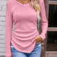 Textured Ruched V-Neck Long Sleeve T-Shirt