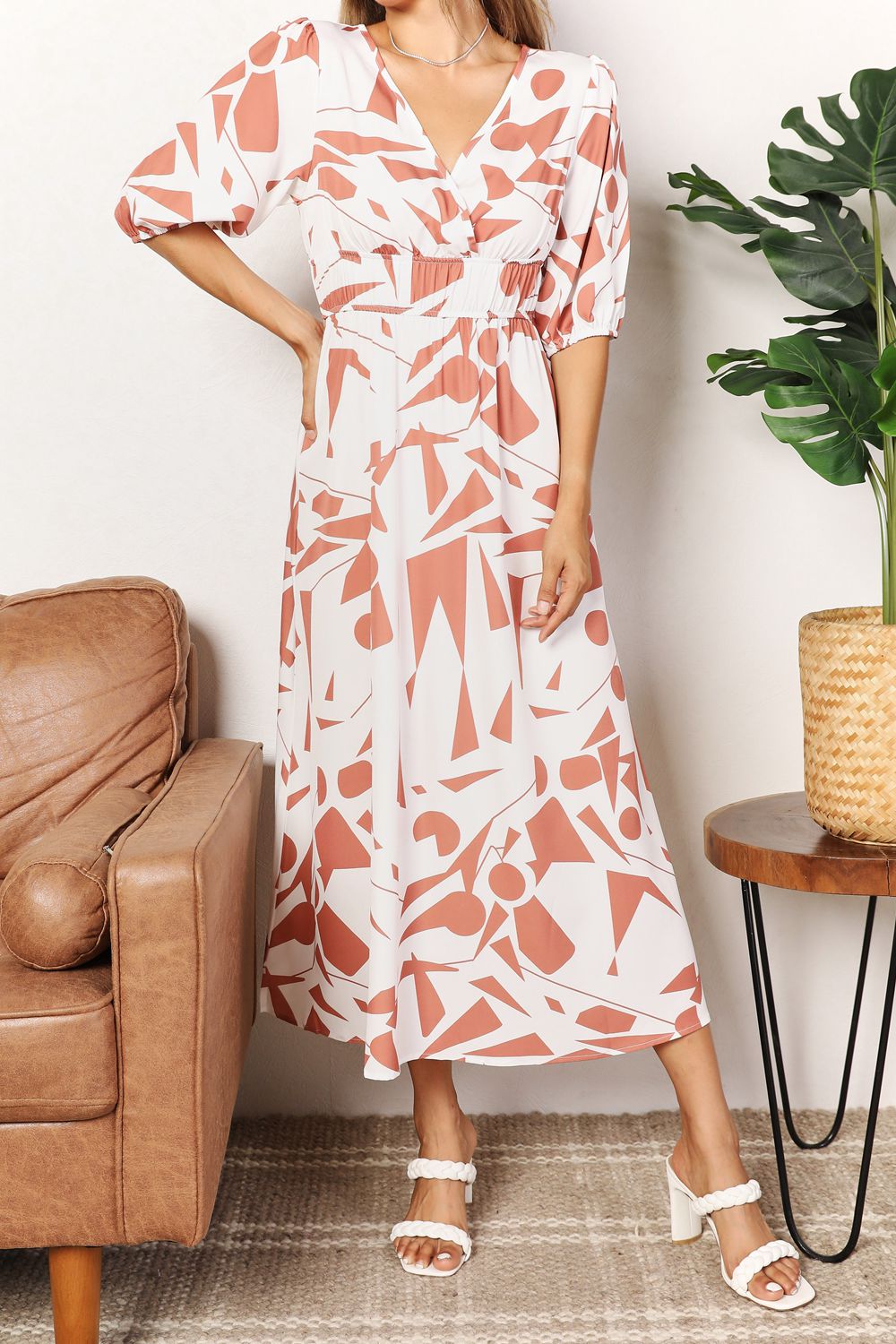 Double Take Camel Printed Surplice Balloon Sleeve Dress *