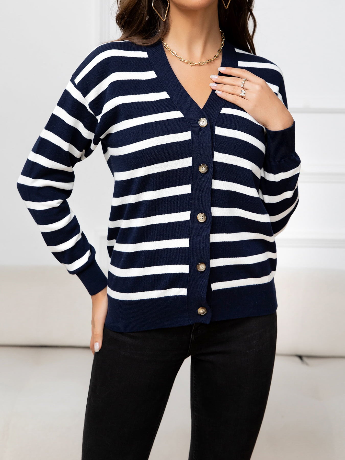 Beauteous Striped Dropped Shoulder V-Neck Knit Top