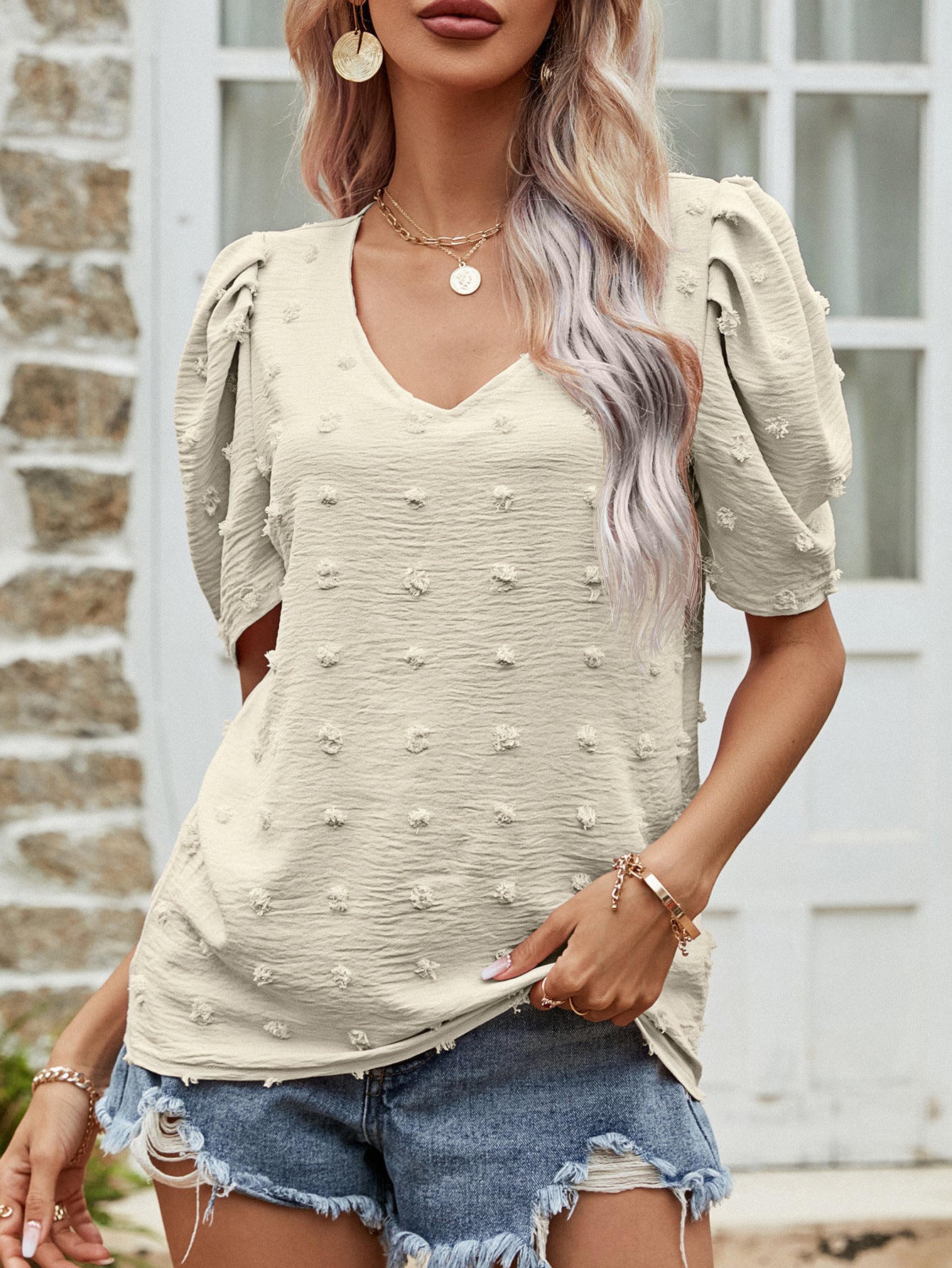 Women's Swiss Dot Short Puff Sleeve Top