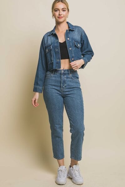 LOVE TREE Raw Hem Button Up Cropped Denim Jacket *