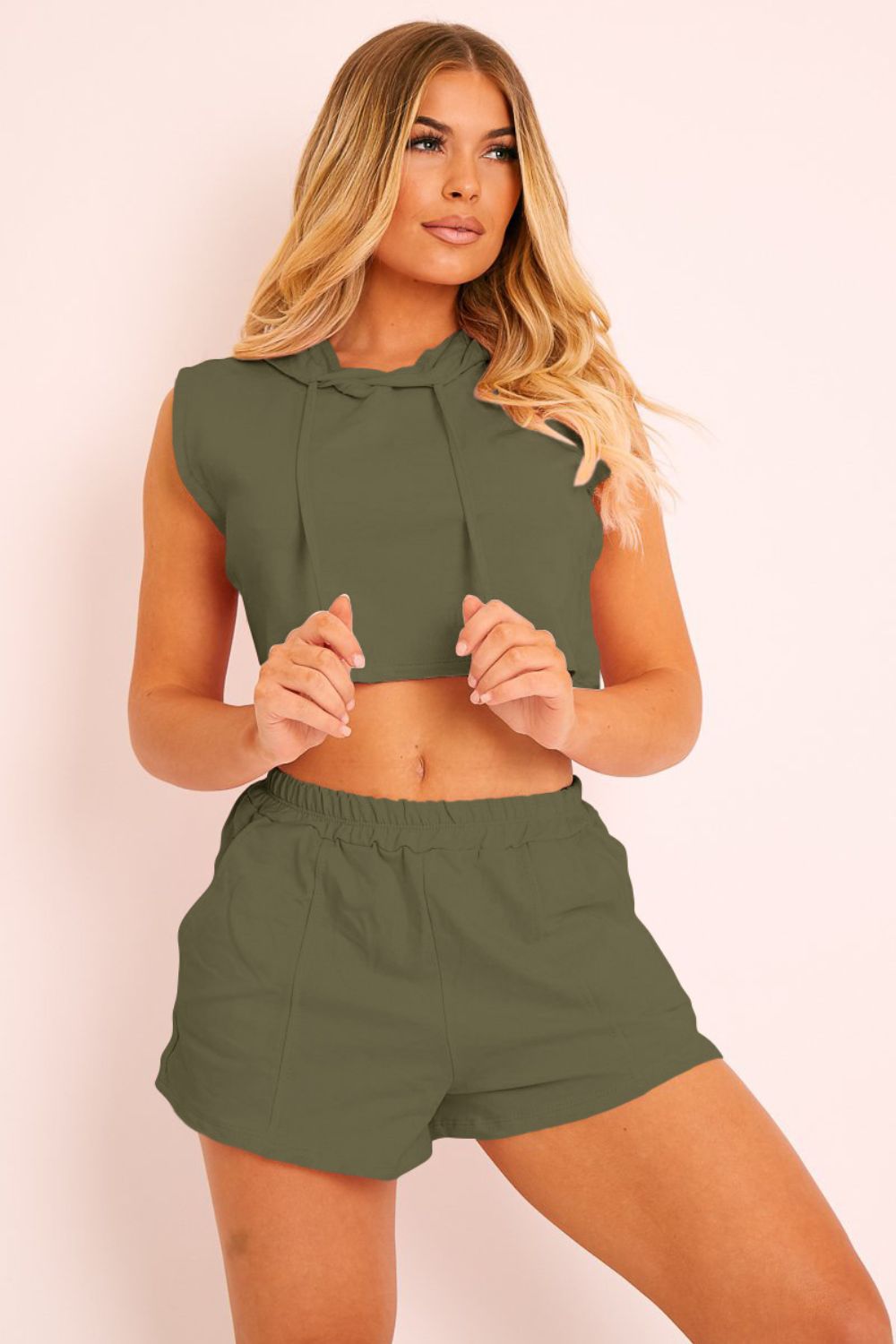 Women's Full Size Hooded Crop Top & Pocketed Shorts Set