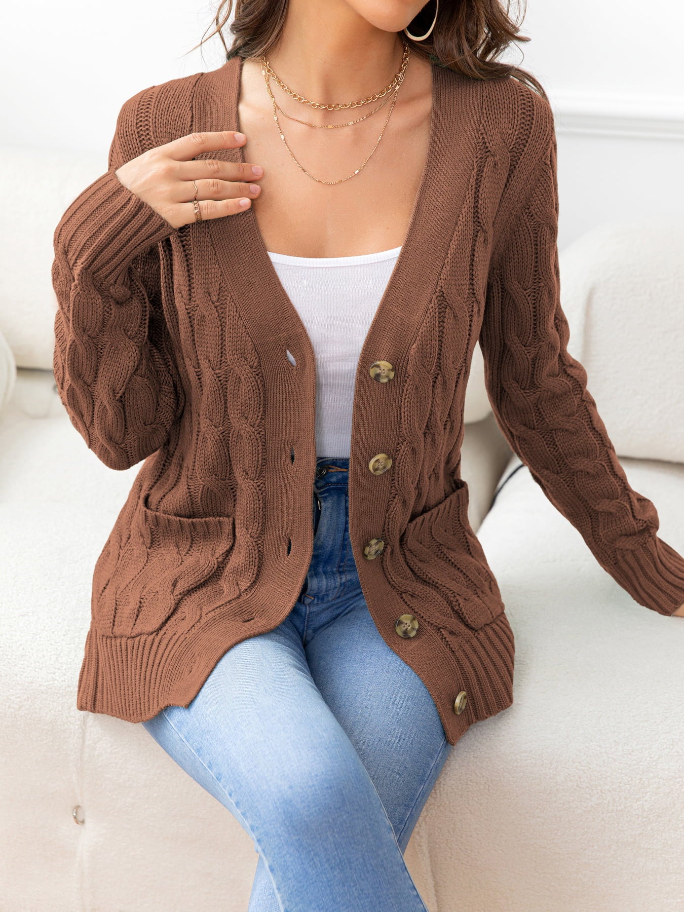 SavannahTree Button Down Cable-Knit Cardigan