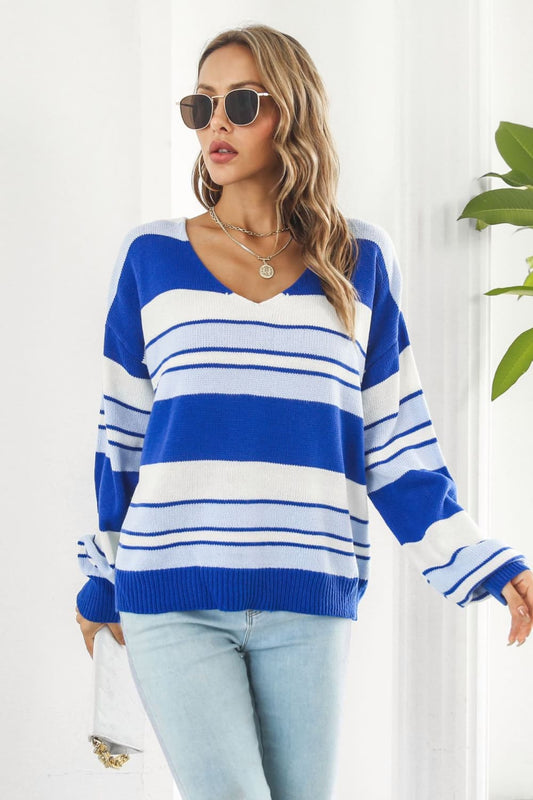 ZELDAlea Striped V-Neck Dropped Shoulder Sweater