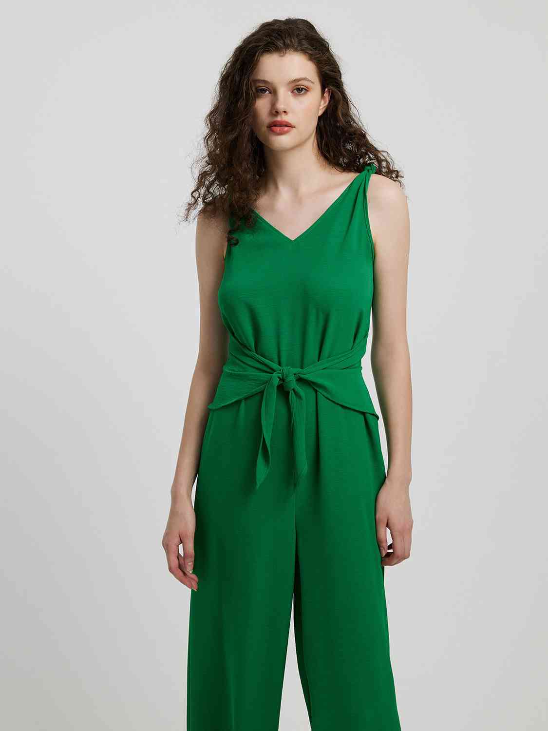 Mid Green Knot Detail Tie Front Sleeveless Jumpsuit