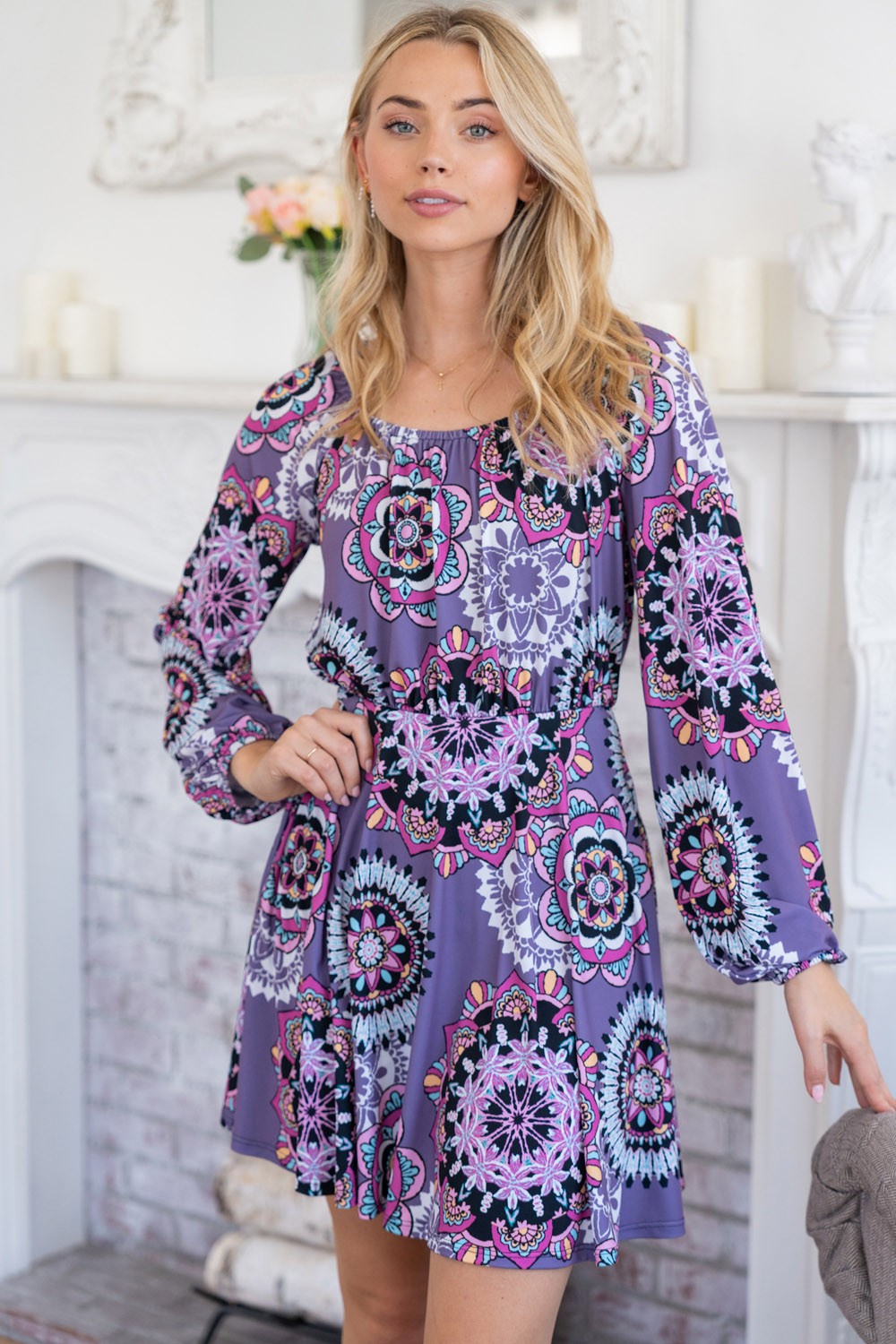 White Birch Printed Long Sleeve Mini Dress with Short Liner *