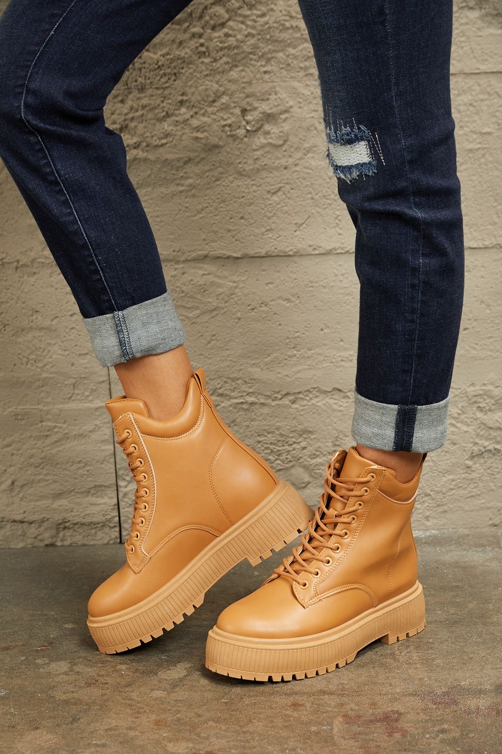 East Lion Corp Platform Caramel Combat Boots *
