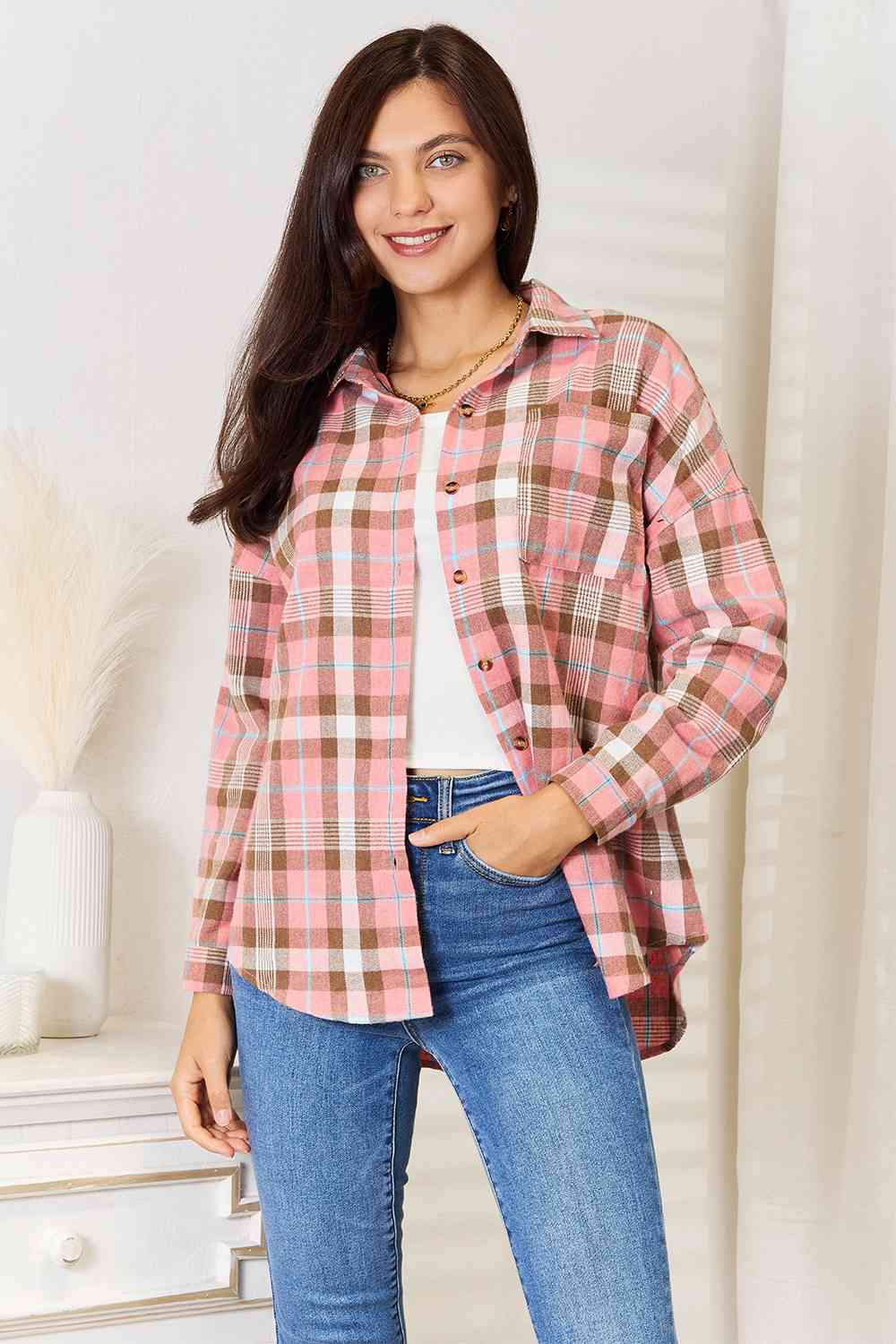 Double Take Plaid Collared Neck Long Sleeve Button-Up Shirt *
