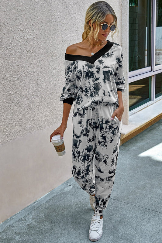 Women's White/Black Tie-Dye V-Neck Top and Joggers Lounge Set