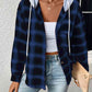 Plaid Drawstring Button Up Hooded Jacket