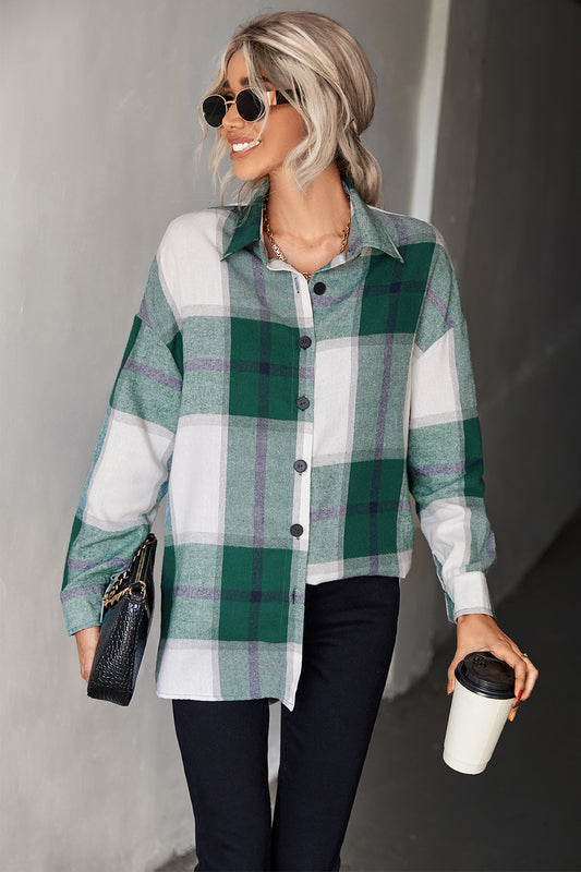 Adriana & Bae Plaid Collared Neck Longline Shirt