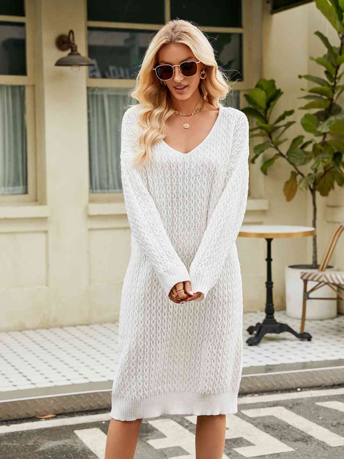 CozyWonders V-Neck Long Sleeve Sweater Dress