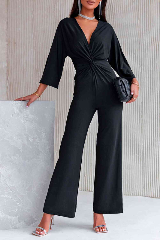 Black Twisted Plunge Three-Quarter Sleeve Jumpsuit