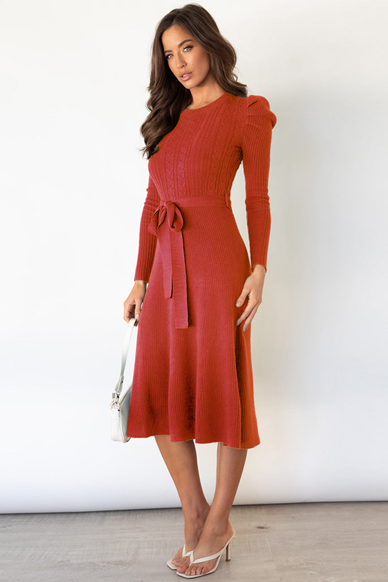 Full Size Round Neck Long Sleeve Tie Waist Sweater Dress