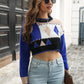 Jaylynn Navy Blue Geometric Round Neck Cropped Sweater