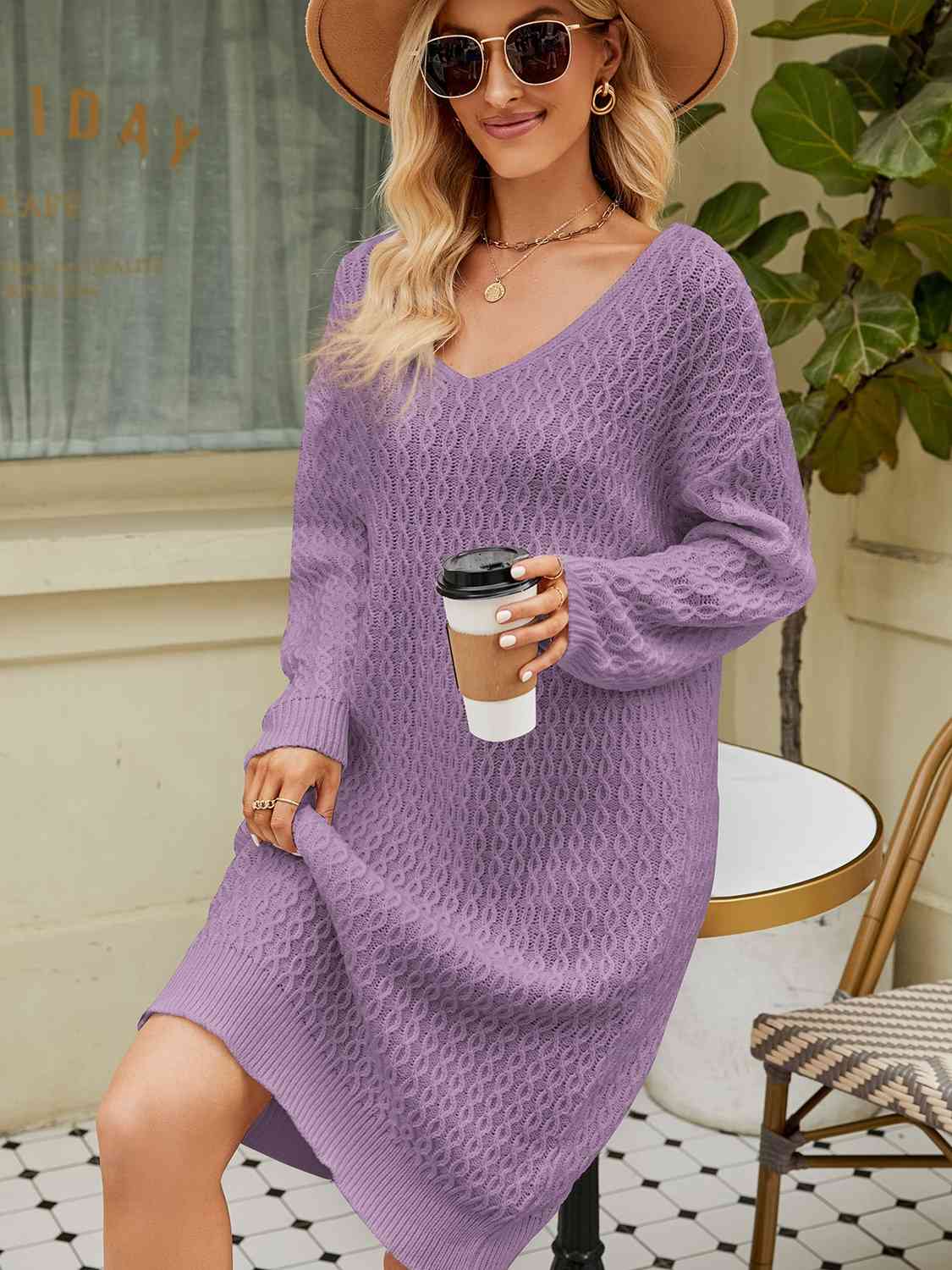 CozyWonders V-Neck Long Sleeve Sweater Dress