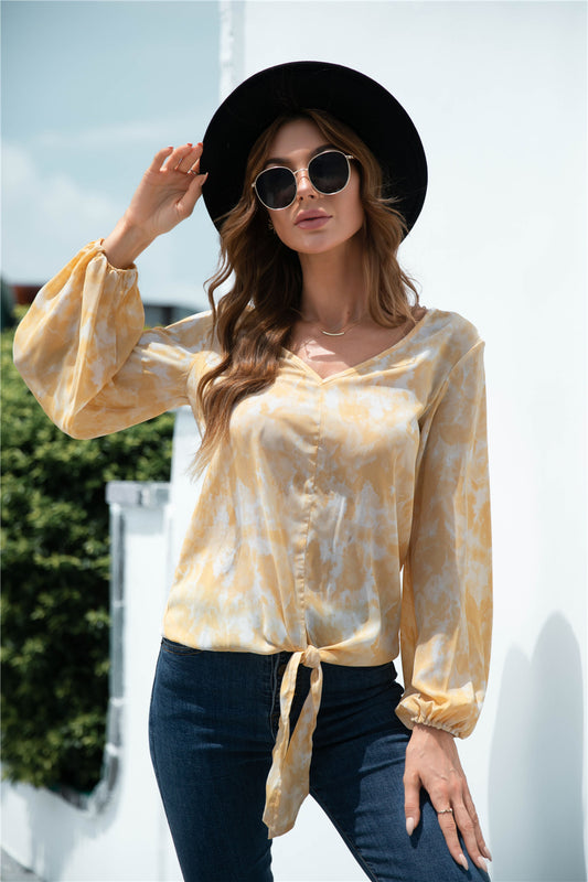 KENZIEMEA Tie-Dye Tied Balloon Sleeve Blouse