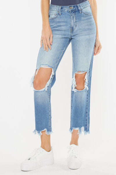 Kancan High Waist Chewed Up Straight Mom Jeans *