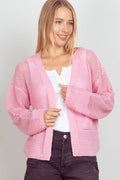 VERY J Pink Eyelet Open Front Long Sleeve Cardigan *