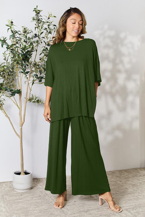 Double Take Full Size Round Neck Slit Top and Pants Set *