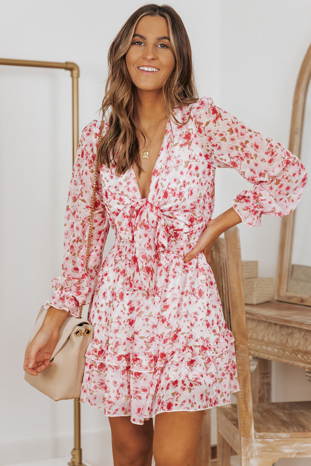 Women's Floral Deep V Flounce Sleeve Mini Dress