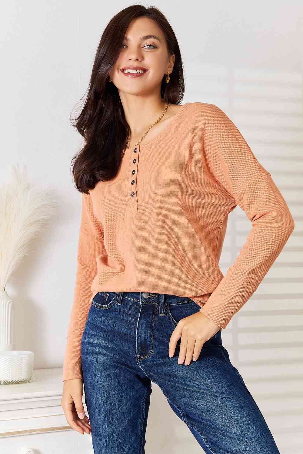 Basic Bae Half Button Long Sleeve Top *