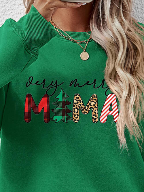 Christmas Themed VERY MERRY MAMA Letter Graphic Round Neck Long Sleeve Sweatshirt