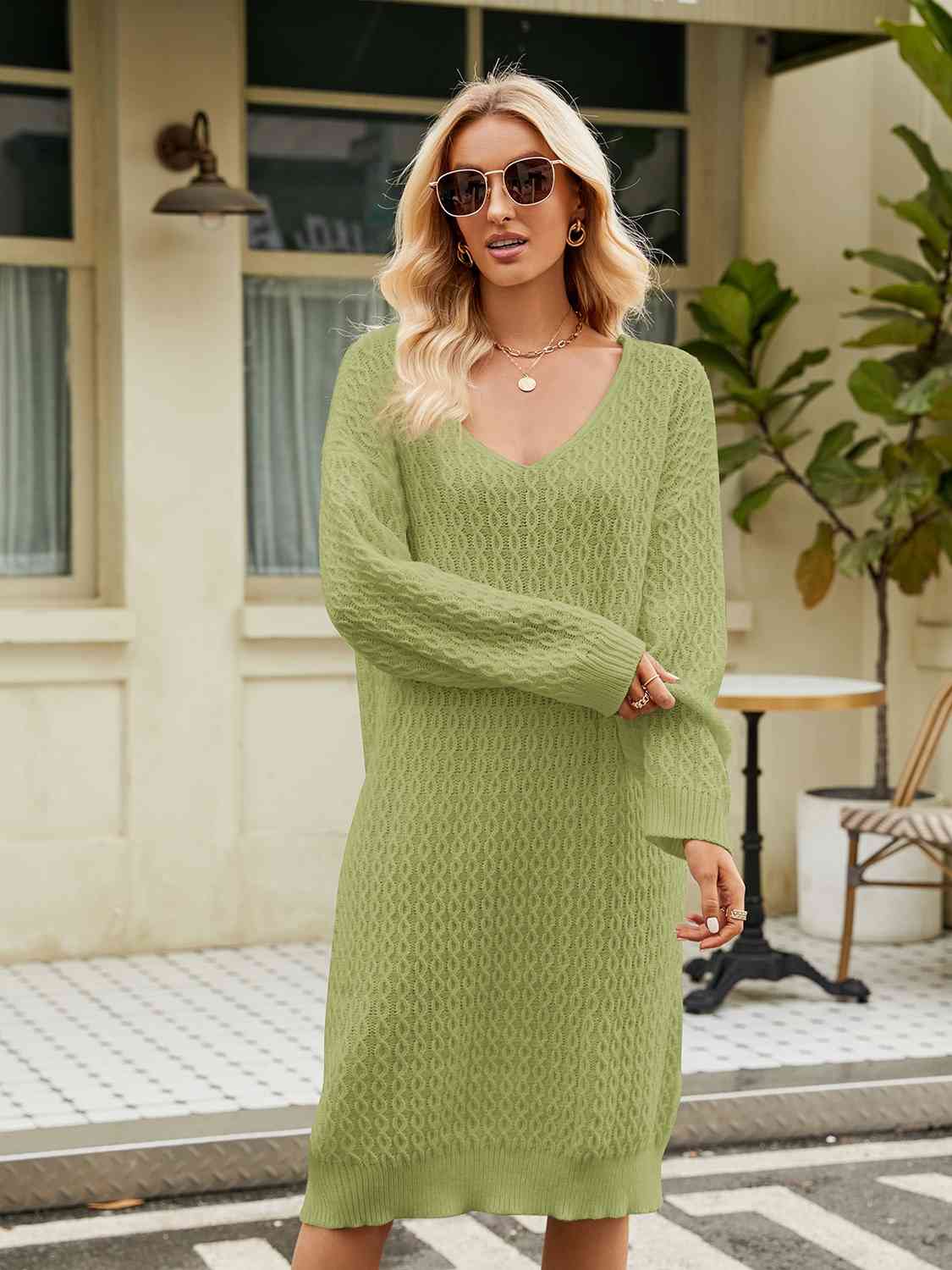 CozyWonders V-Neck Long Sleeve Sweater Dress