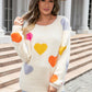 Heart Pattern Round Neck Long Sleeve Sweater