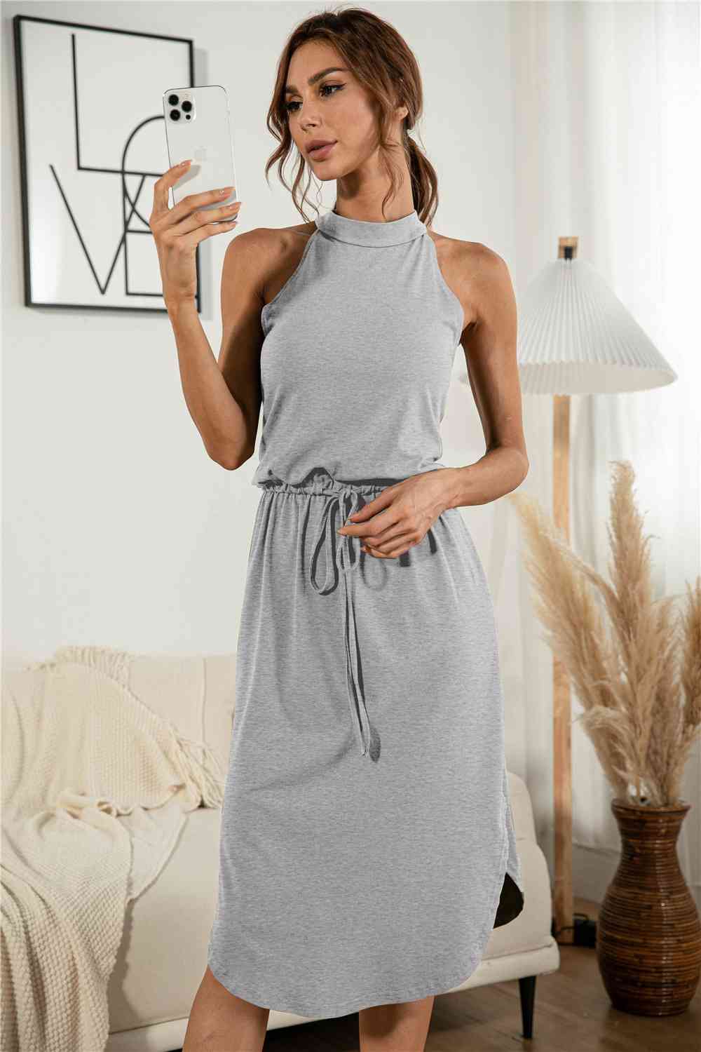 Full Size Drawstring Open Back Slit Sleeveless Dress