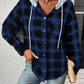 Plaid Drawstring Button Up Hooded Jacket
