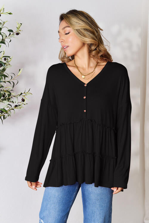 Double Take Half Button Long Sleeve Ruffle Hem Blouse *