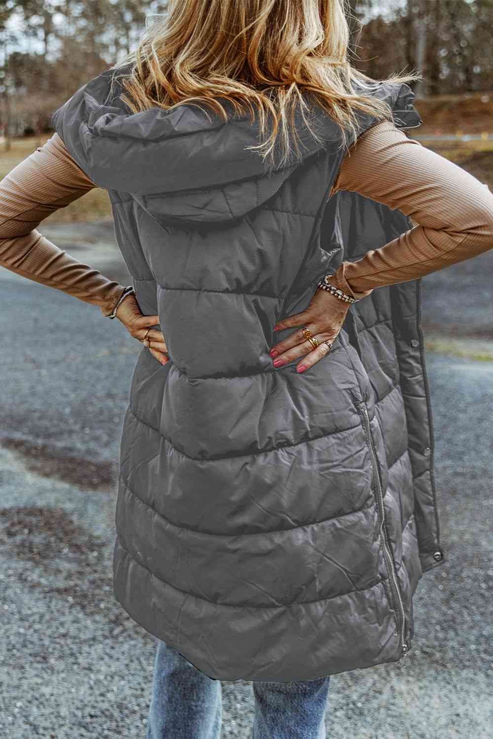 Full Size Longline Hooded Sleeveless Puffer Vest