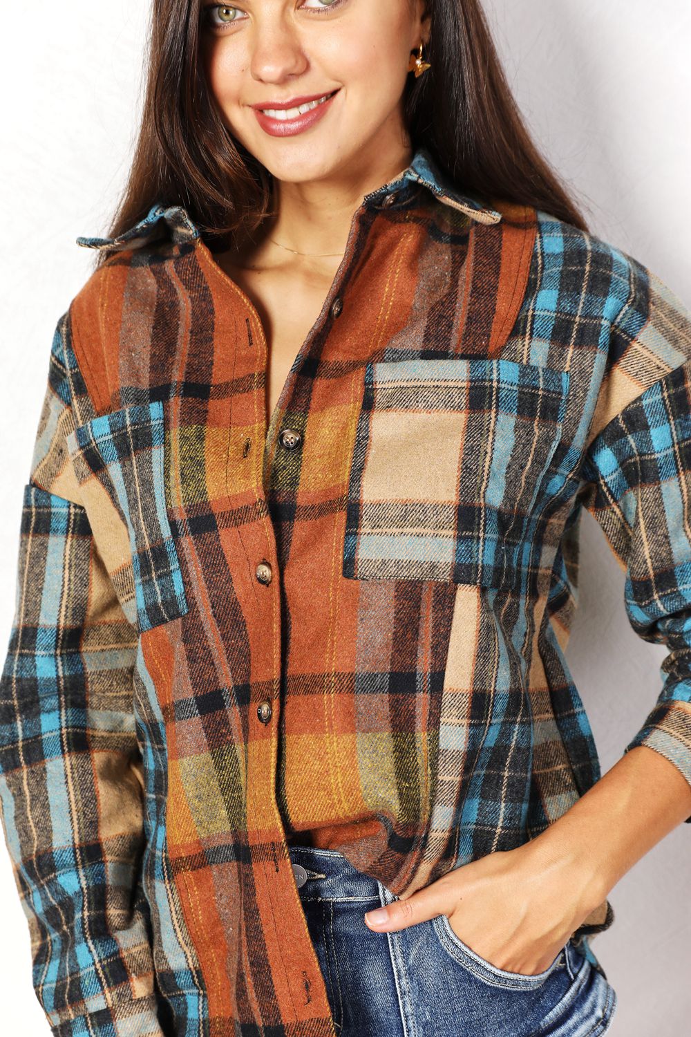 Double Take Full Size Plaid Curved Hem Shirt Jacket with Breast Pockets *