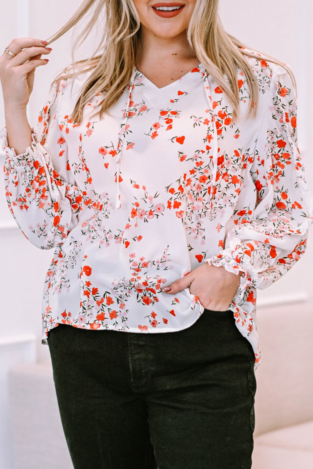 Women's Plus Size Floral Tie Neck High-Low Blouse