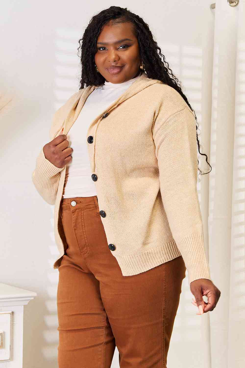 Woven Right Button-Down Long Sleeve Hooded Sweater *