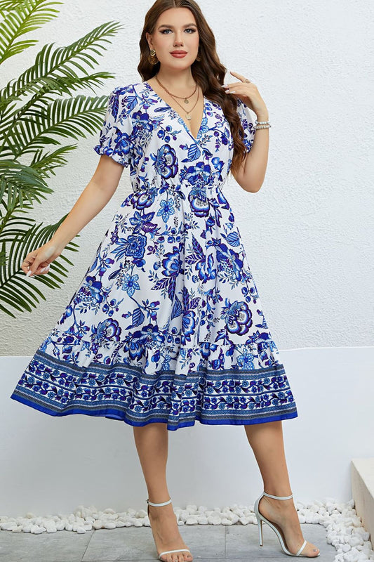 Plus Size Floral Flounce Sleeve Surplice Dress