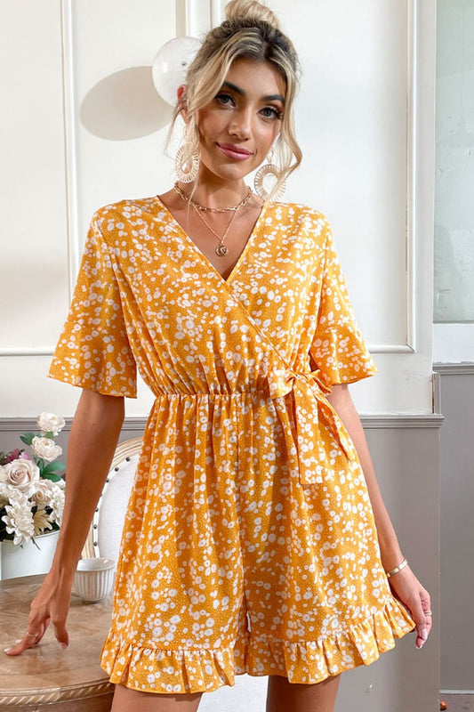 Printed Full Size Surplice Neck Ruffled Romper