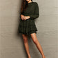 Army Green Leopard Smock Waist Long Sleeve Dress