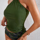 Full Size Green Drawstring Ruched Halter Neck Swim Top and Camouflage Bottoms Set