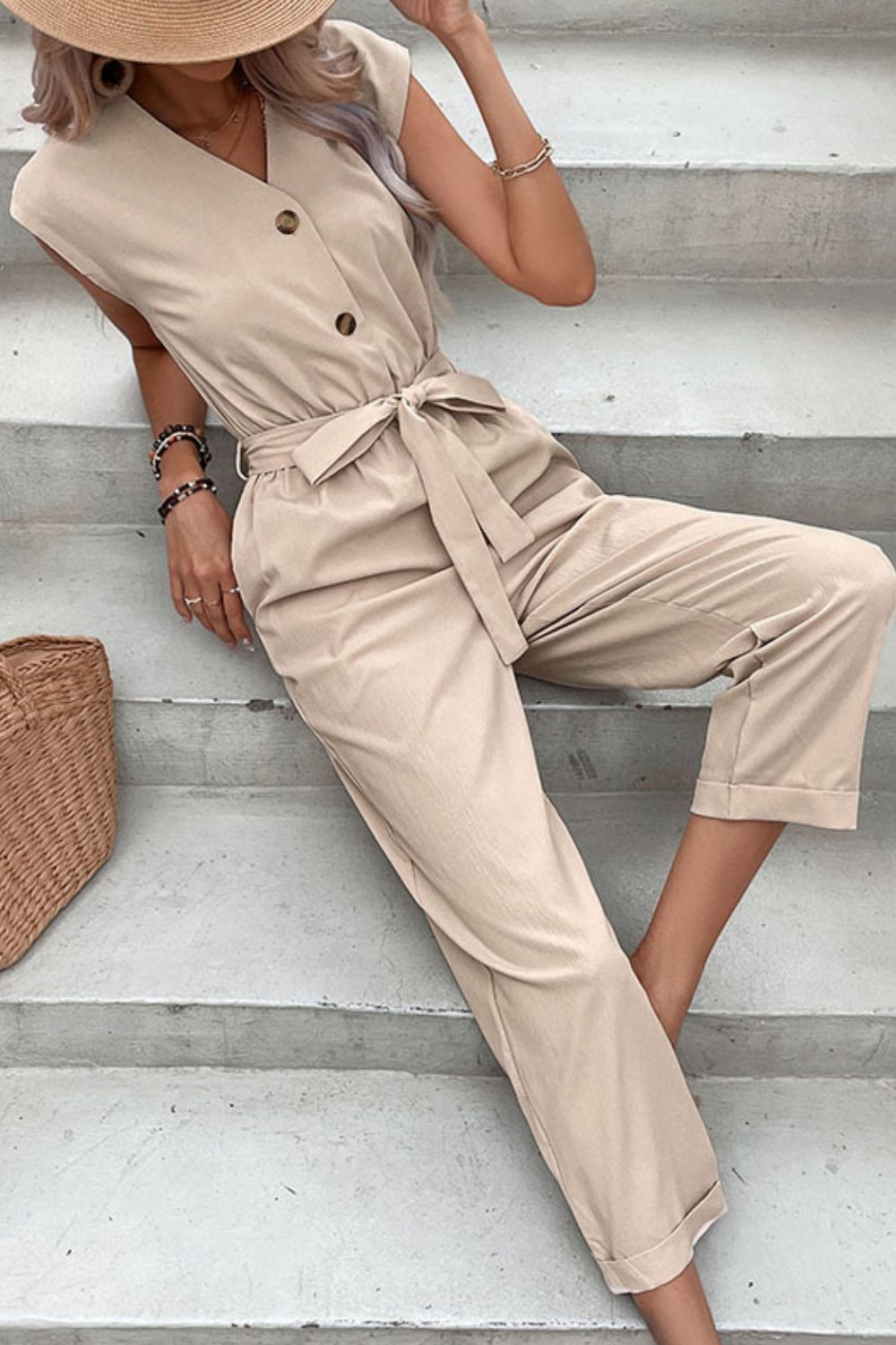 Women's Capped Sleeve Belted V-Neck Jumpsuit