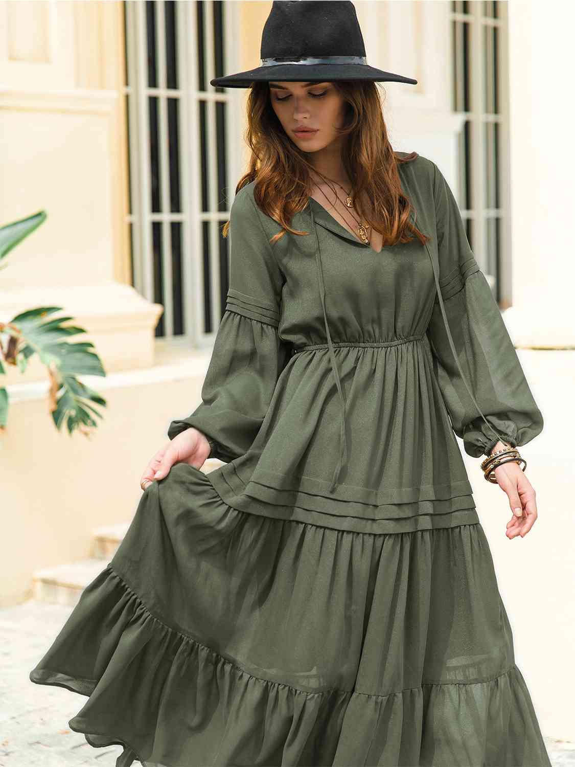 Amelia Tie Neck Long Sleeve Midi Tiered Dress