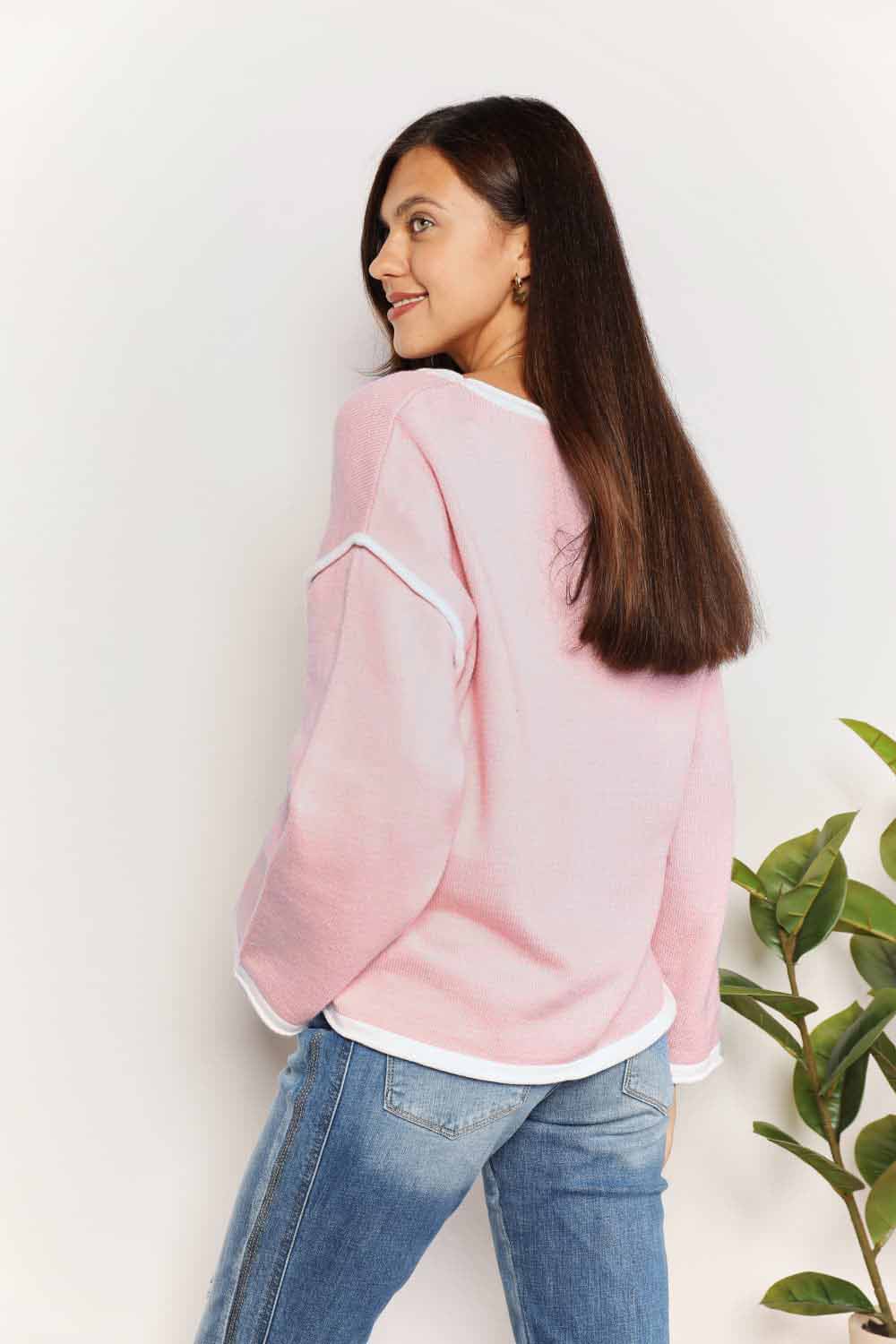 Double Take Blush Pink Contrast Detail Dropped Shoulder Knit Top