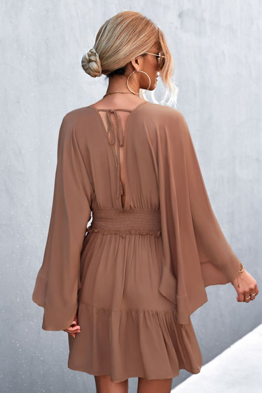 Decorative Button Smocked Waist Surplice Mini Dress